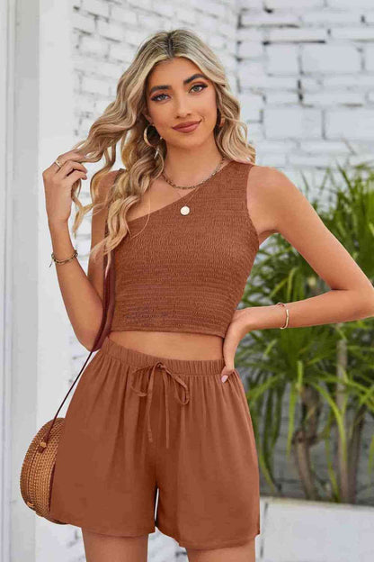 One-Shoulder Sleeveless Top and Shorts Set | AdoreStarr