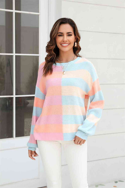 Round Neck Color Block Pullover Sweater - Blush Pink