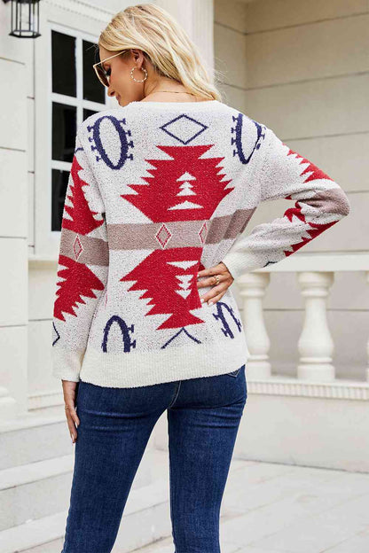 Printed Round Neck Long Sleeve Sweater | AdoreStarr