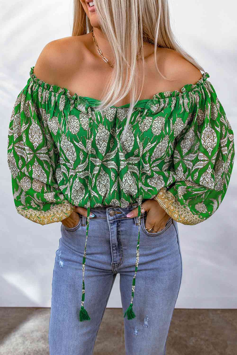 Printed Tassel Tie Balloon Sleeve Blouse | AdoreStarr