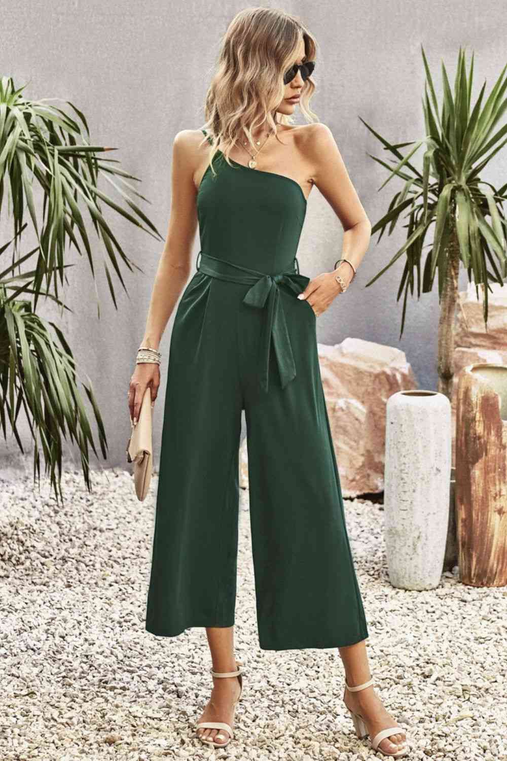 One-Shoulder Tie Belt Wide Leg Jumpsuit | AdoreStarr