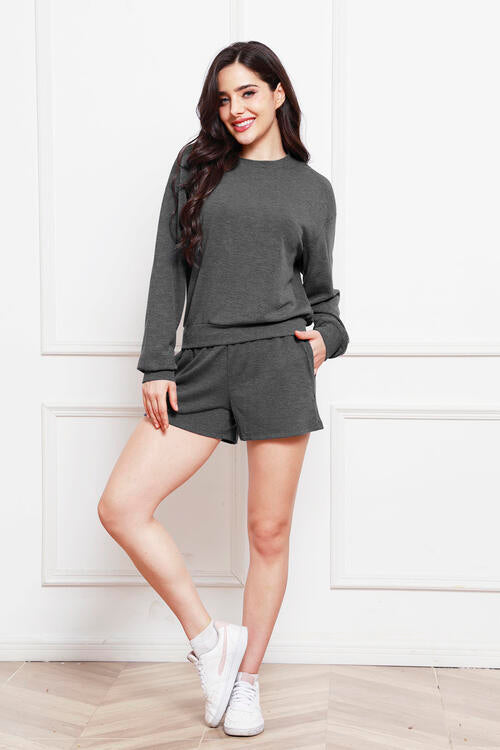 Round Neck Long Sleeve Top and Shorts Set | AdoreStarr