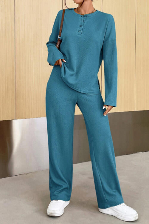 Ribbed Half Button Top and Pants Set | AdoreStarr