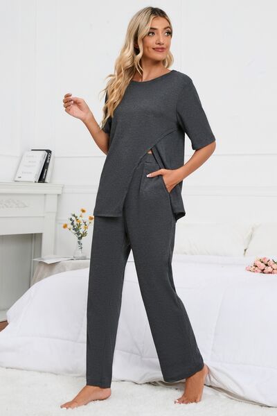 Slit Round Neck Top and Pants Lounge Set | AdoreStarr