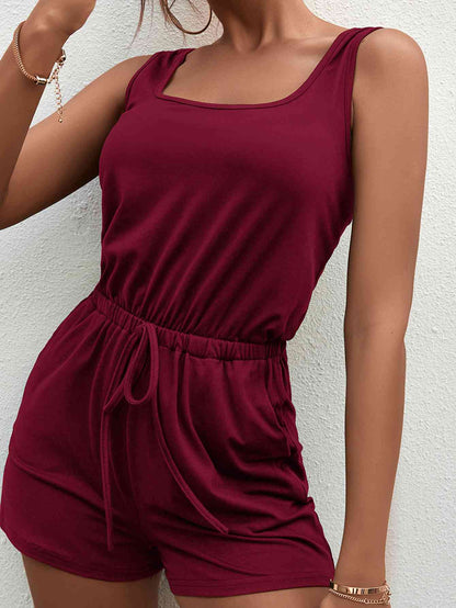 Square Neck Sleeveless Romper with Pockets | AdoreStarr