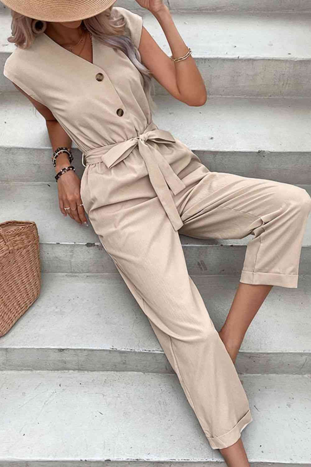 Capped Sleeve Belted V-Neck Jumpsuit | AdoreStarr