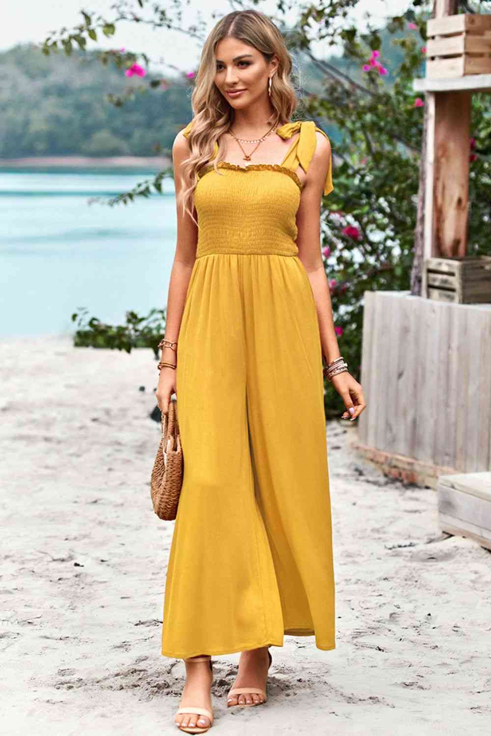 Frill Trim Tie Shoulder Wide Leg Jumpsuit