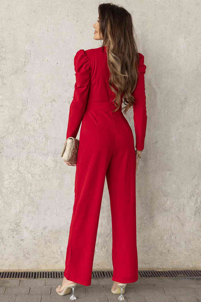 Belted Long Puff Sleeve V-Neck Jumpsuit | AdoreStarr