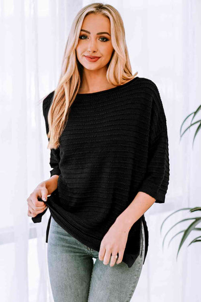 Dropped Shoulder Side Slit Pullover Sweater | AdoreStarr