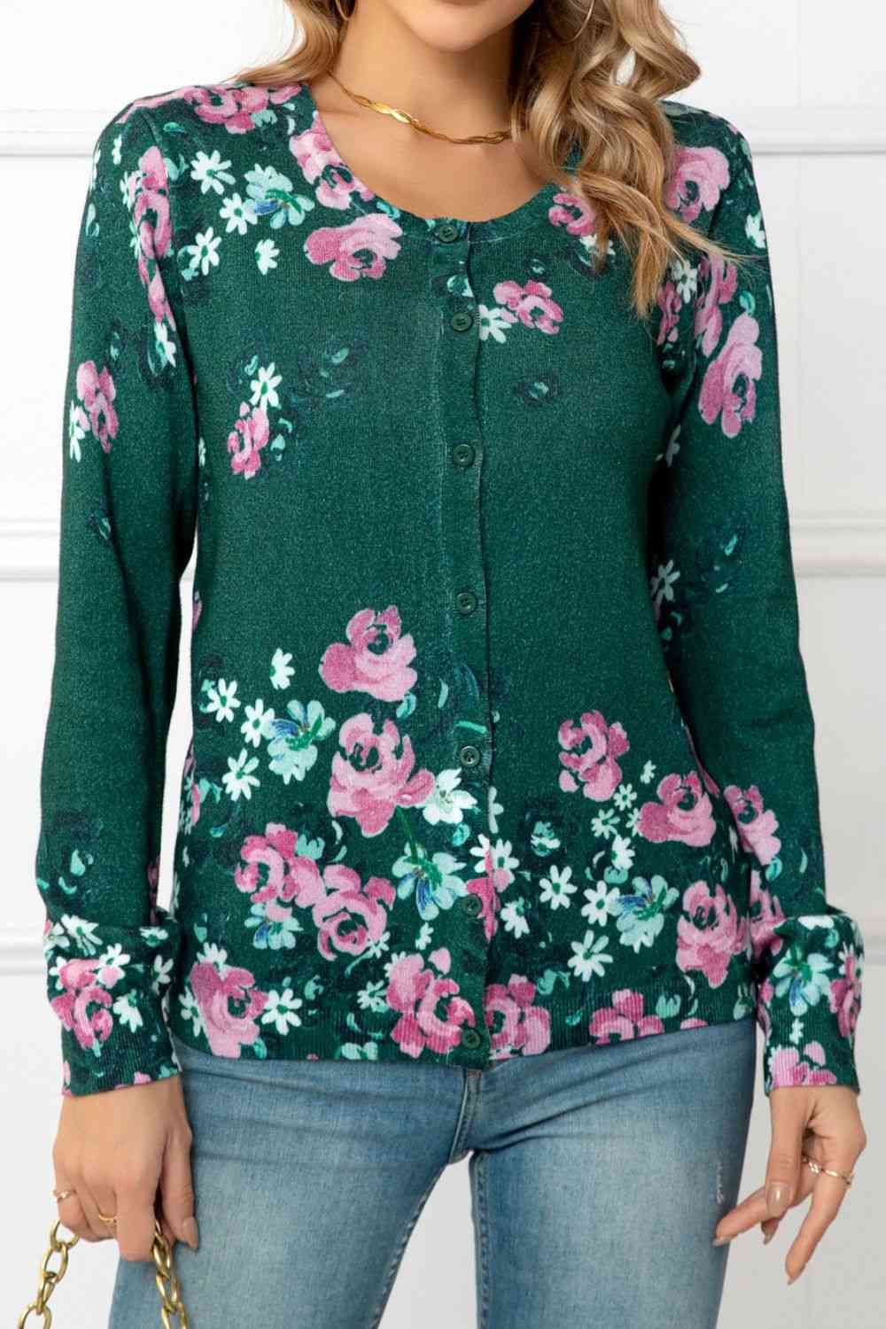 Floral Button Front Round Neck Cardigan | AdoreStarr