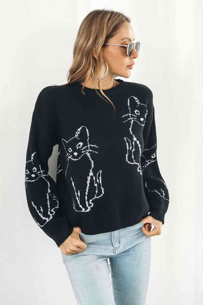 Cat Pattern Round Neck Pullover Sweater | AdoreStarr