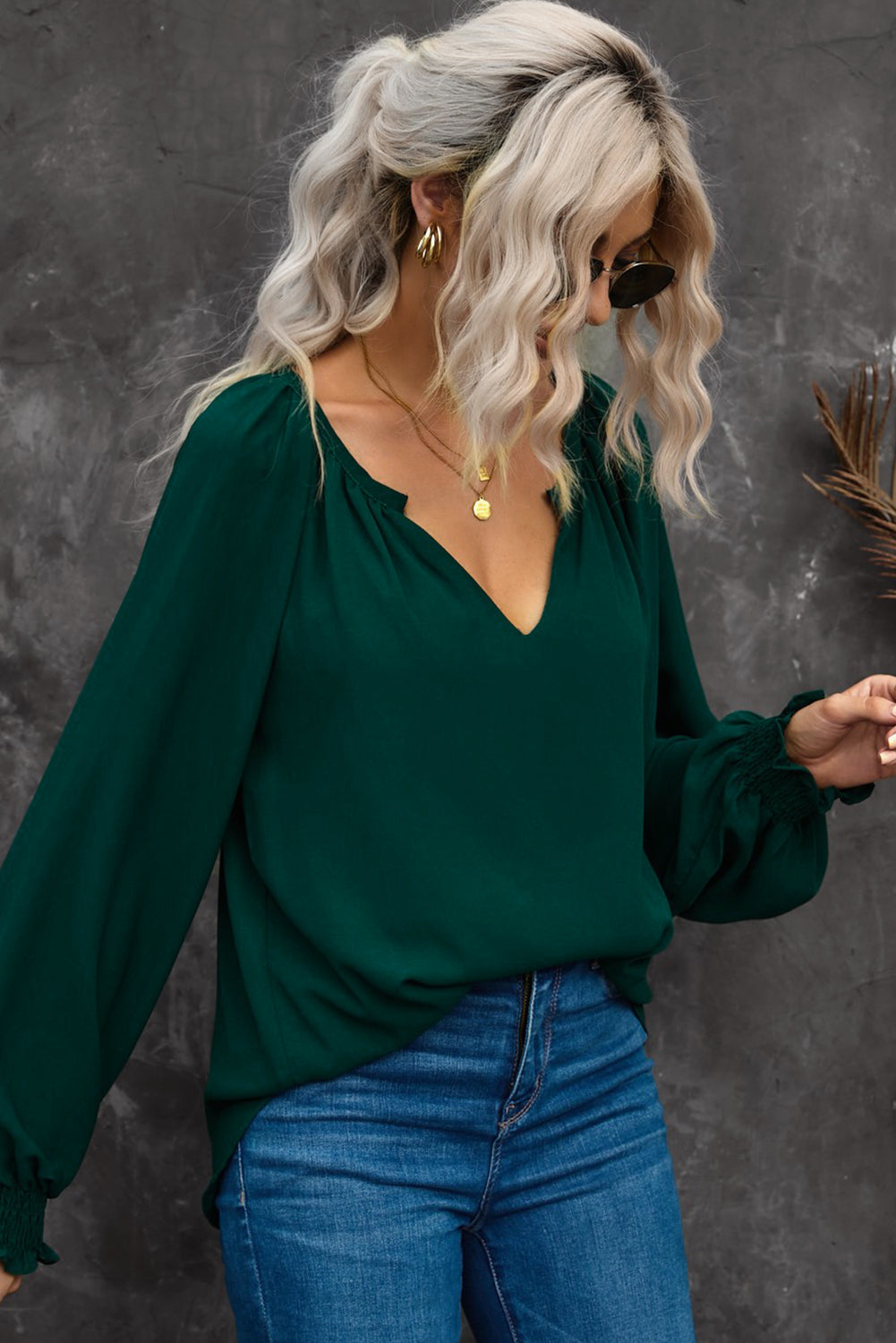 Notched Neck Lantern Sleeve Blouse | AdoreStarr