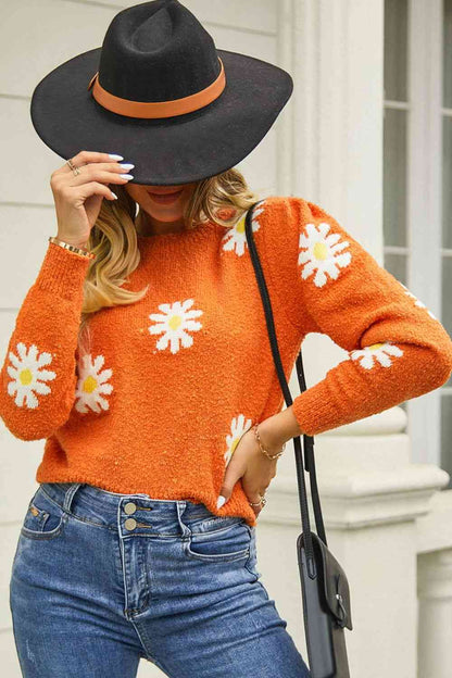 Flower Pattern Round Neck Short Sleeve Pullover Sweater | AdoreStarr