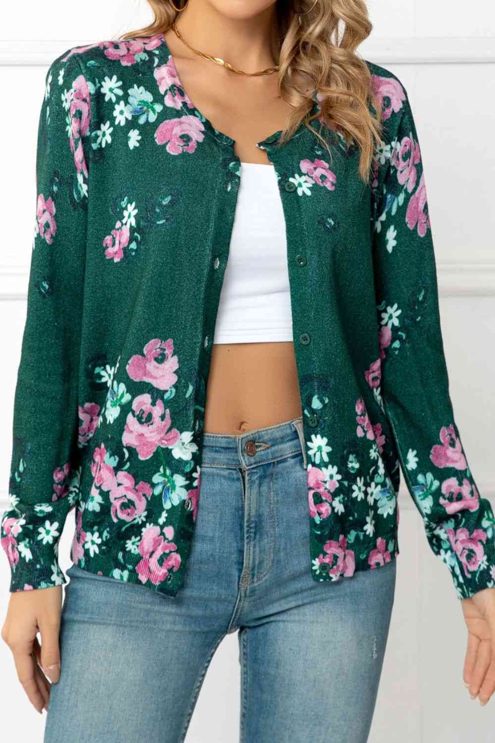 Floral Button Front Round Neck Cardigan | AdoreStarr