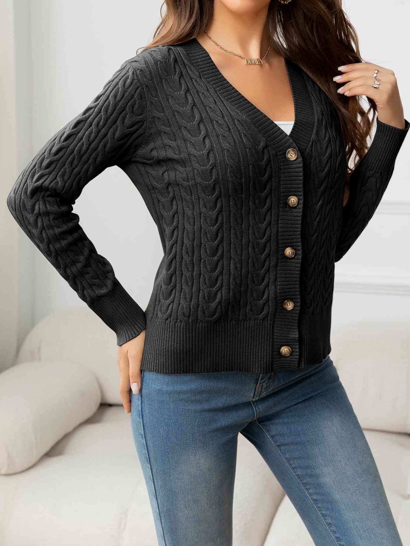 V-Neck Long Sleeve Cable-Knit Buttoned Knit Top | AdoreStarr