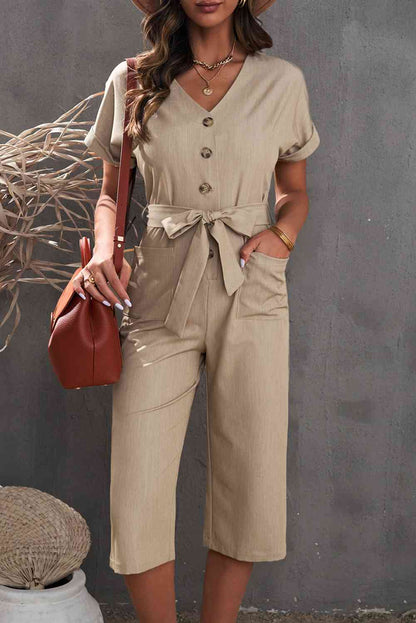 Button Front Belted Cropped Jumpsuit