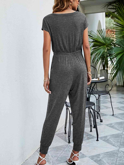 Drawstring Waist Short Sleeve Jogger Jumpsuit | AdoreStarr