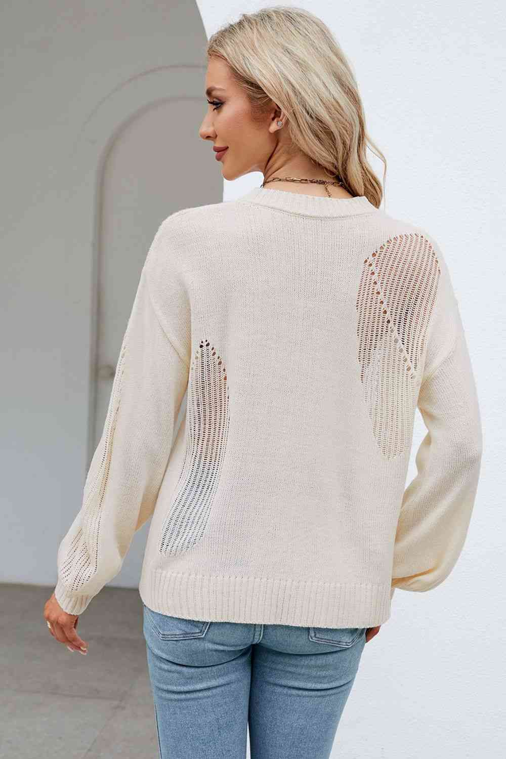 Openwork Dropped Shoulder Knit Top - Cream