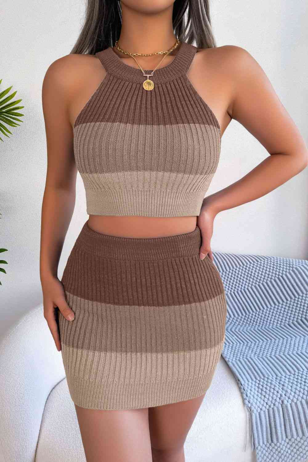 Color Block Sleeveless Crop Knit Top and Skirt Set | AdoreStarr
