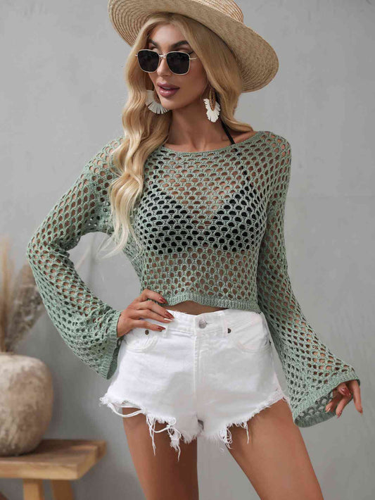 Openwork Flare Sleeve Cropped Cover-Up | AdoreStarr