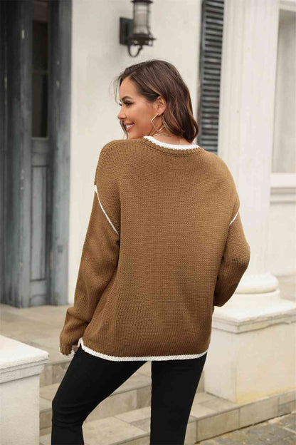 Round Neck Long Sleeve Waffle-Knit Sweater | AdoreStarr