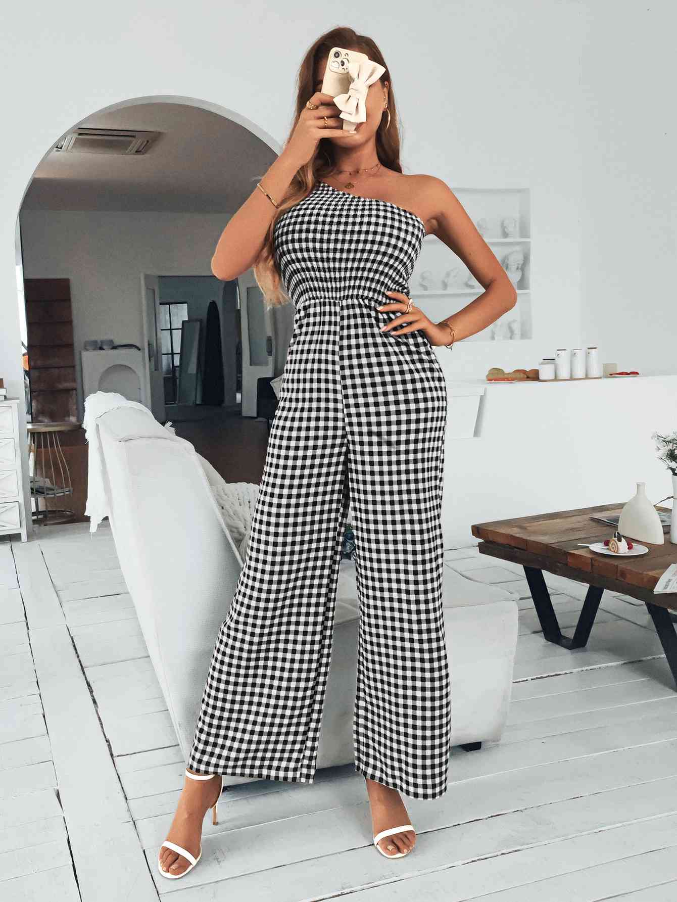 Plaid One-Shoulder Wide Leg Jumpsuit | AdoreStarr