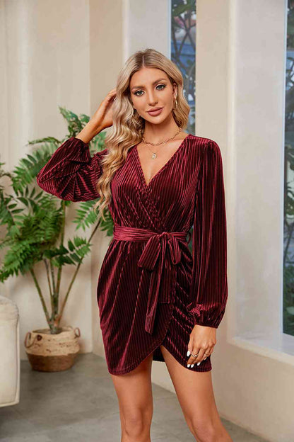 Ribbed Tie Front Mini Dress - Wine