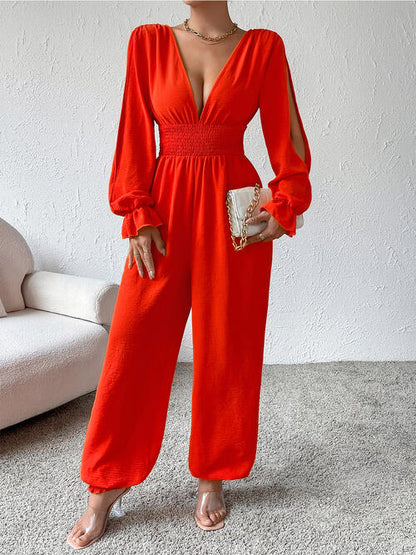 Plunge Smocked Flounce Sleeve Jumpsuit | AdoreStarr