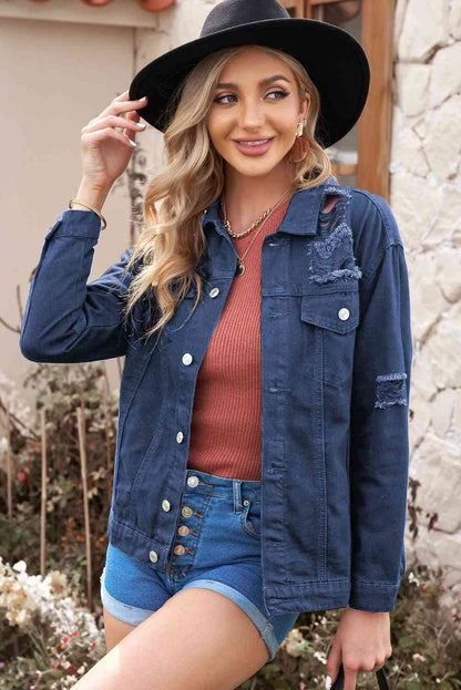 Distressed Button-Up Denim Jacket | AdoreStarr