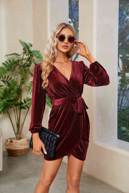 Ribbed Tie Front Mini Dress - Wine