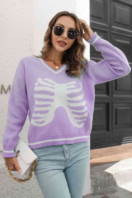 Skeleton Pattern V-Neck Long Sleeve Pullover Sweater | AdoreStarr