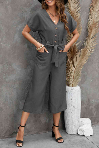 Button Front Belted Cropped Jumpsuit