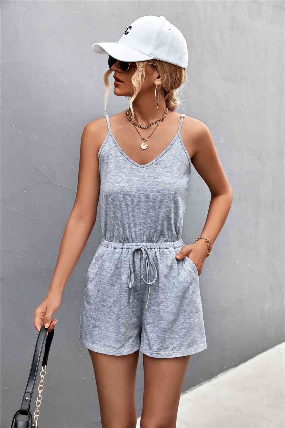 Spaghetti Strap V-Neck Pocket Romper - Gray Dawn