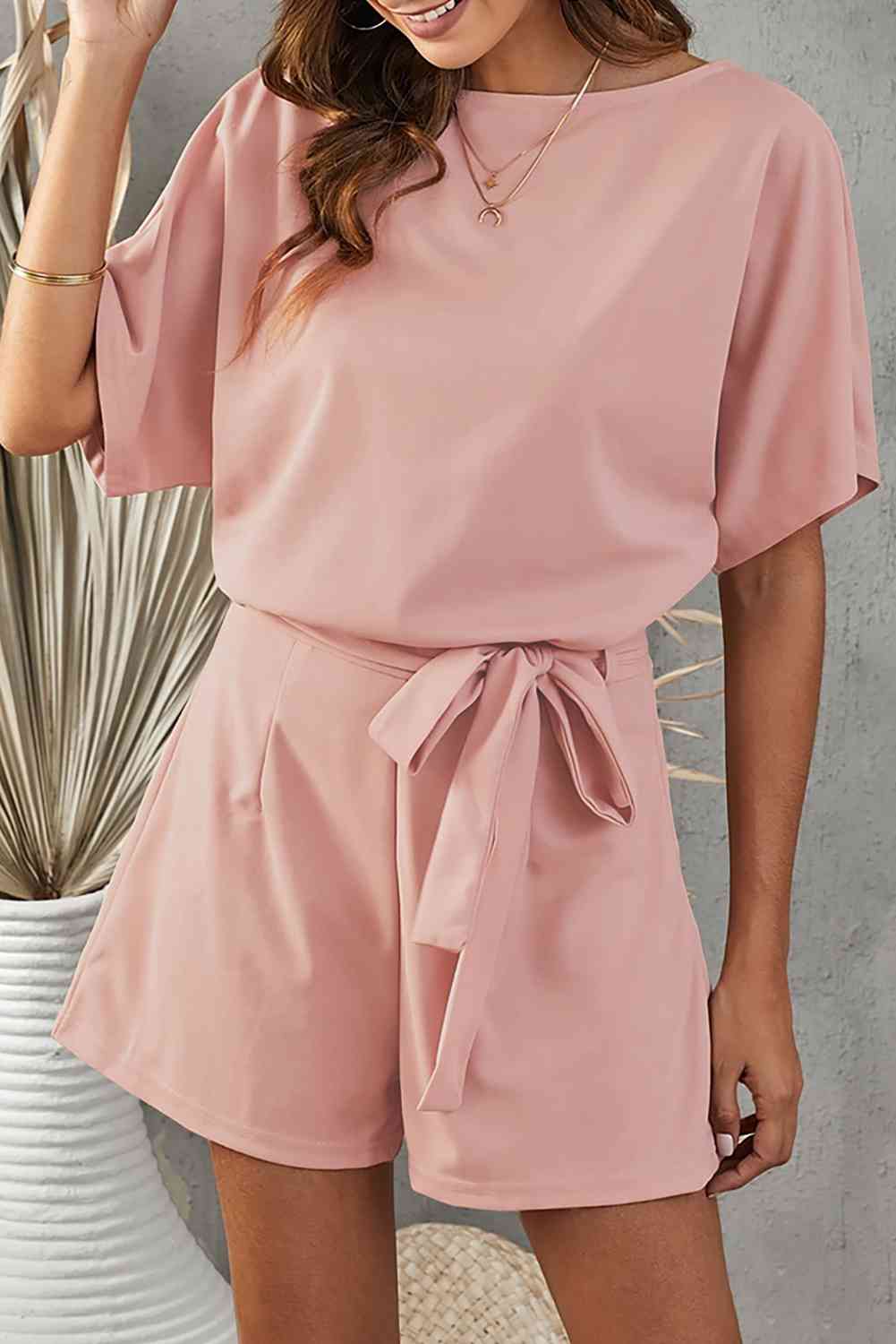 Tie Belt Short Sleeve Romper | AdoreStarr