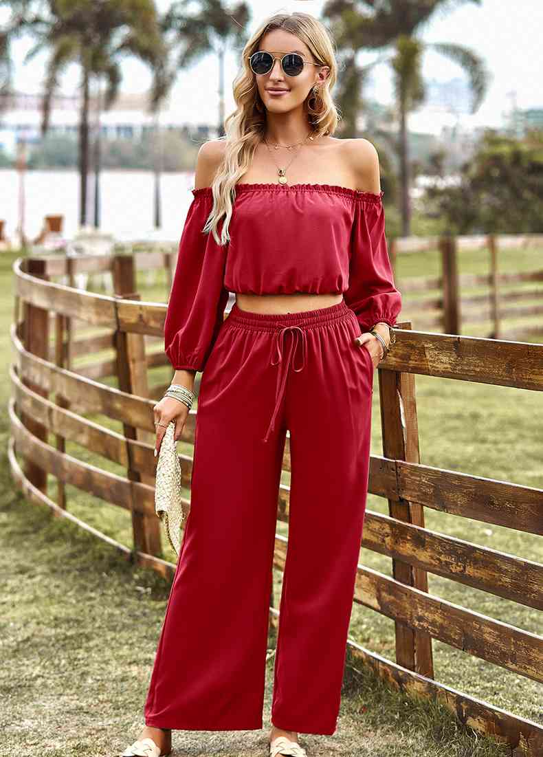 Off-Shoulder Blouse and Drawstring Waist Pants Set | AdoreStarr