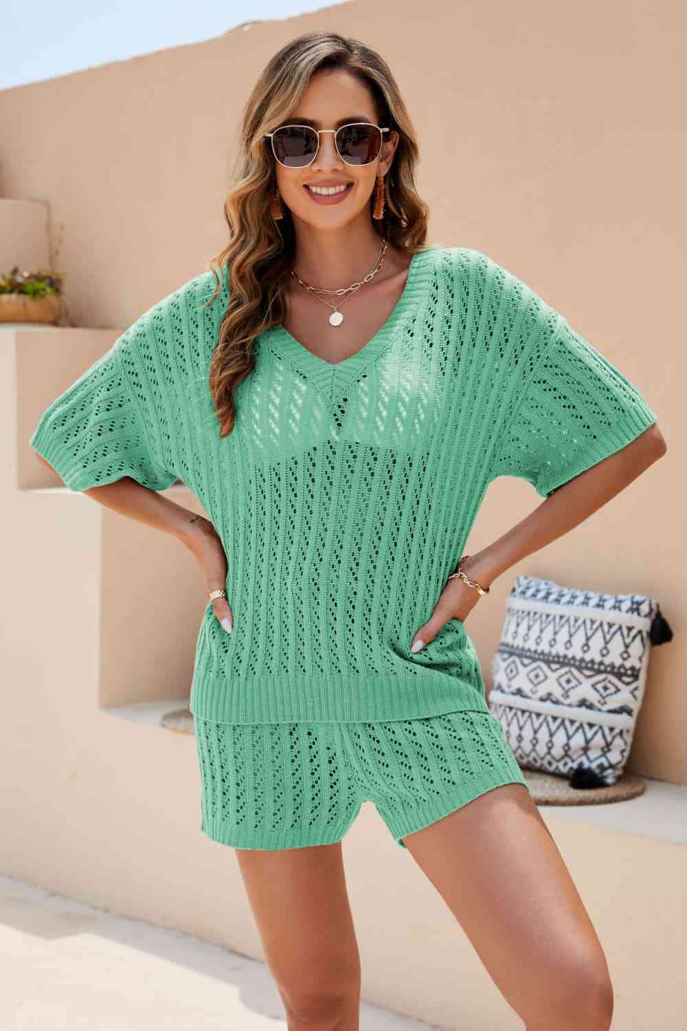 Openwork V-Neck Top and Shorts Set | AdoreStarr