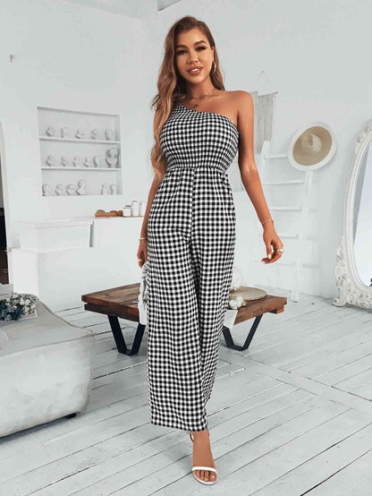 Plaid One-Shoulder Wide Leg Jumpsuit | AdoreStarr