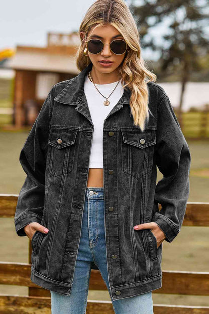 Buttoned Collared Neck Denim Jacket - Black