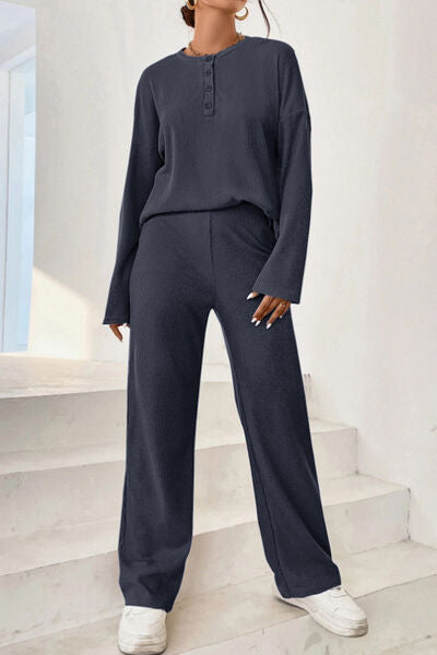 Ribbed Half Button Top and Pants Set | AdoreStarr