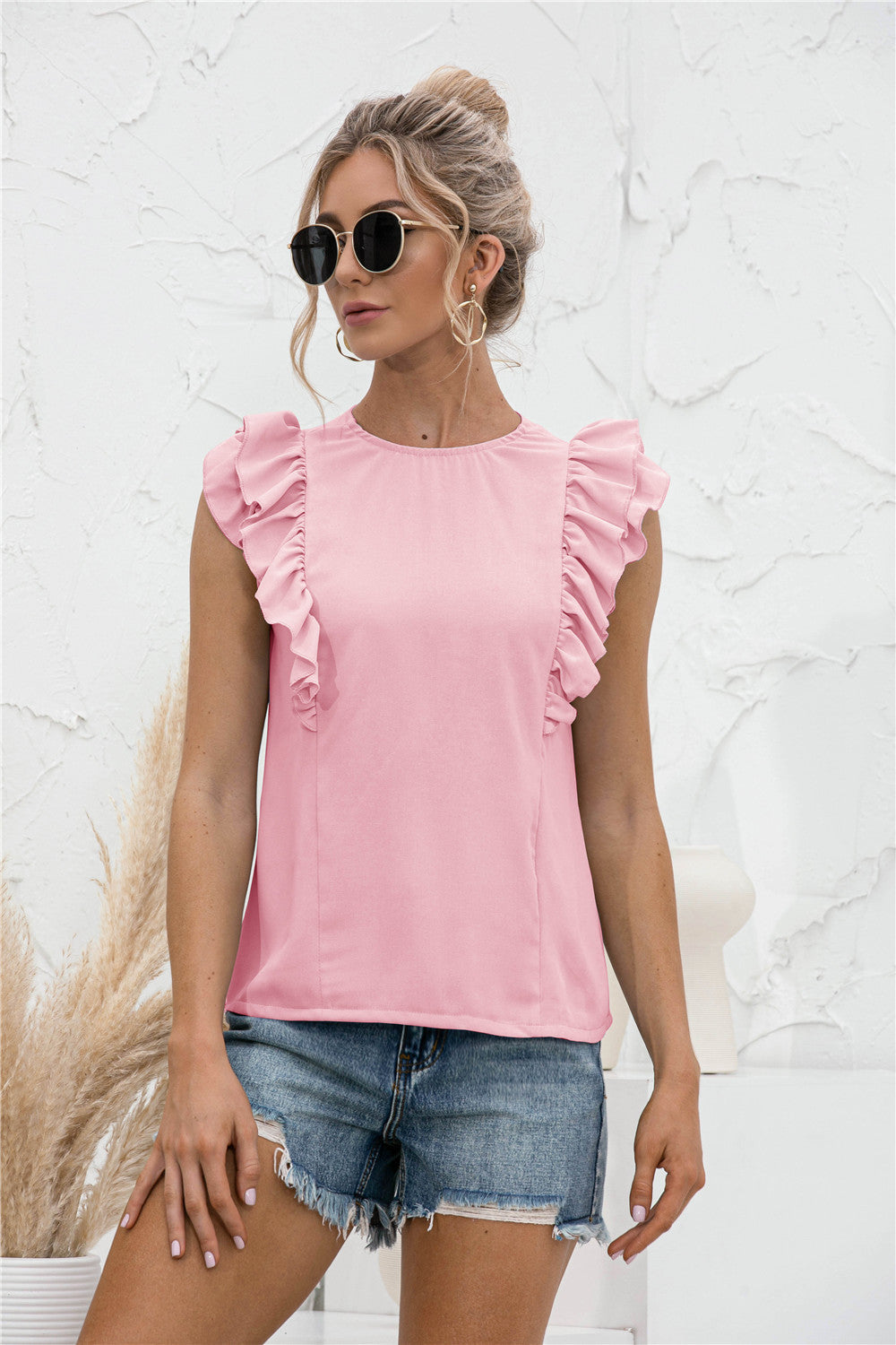 Ruffle Shoulder Tie-Back Crewneck Top | AdoreStarr