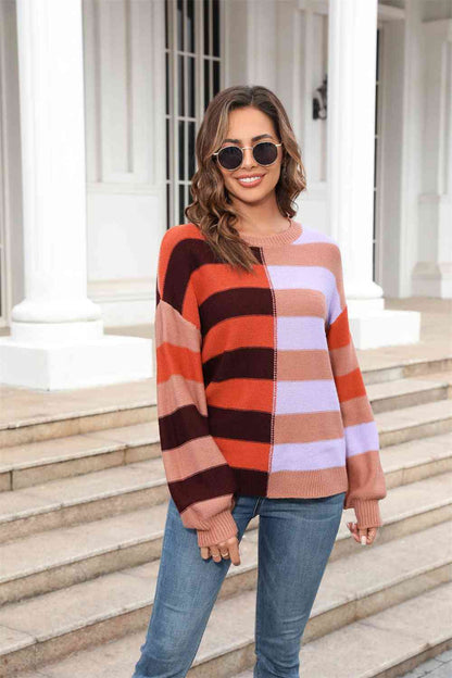 Round Neck Color Block Pullover Sweater - Orange