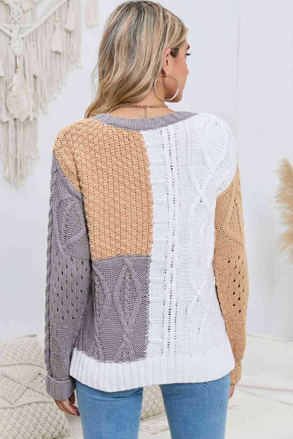 Cable-Knit Openwork Color Block Sweater | AdoreStarr