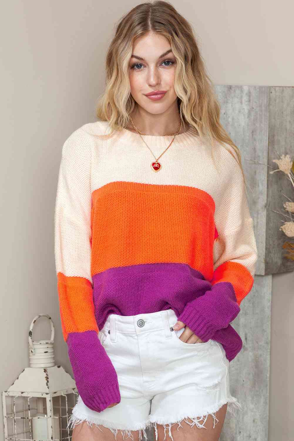 Round Neck Color Block Sweater | AdoreStarr