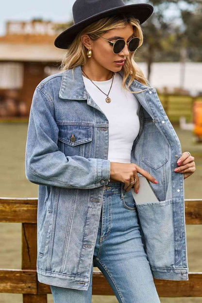 Buttoned Collared Neck Denim Jacket - Light Blue Wash