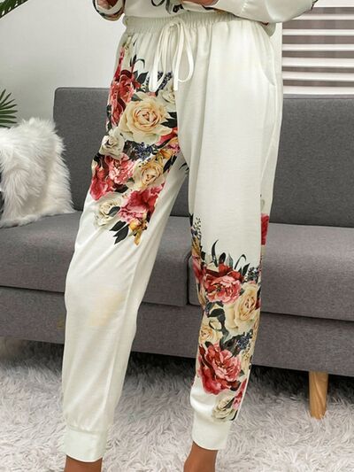 Printed Top and Drawstring Pants Lounge Set | AdoreStarr