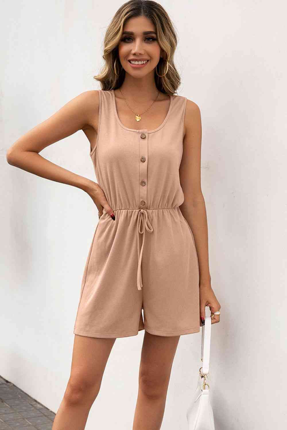 Buttoned Round Neck Sleeveless Romper | AdoreStarr