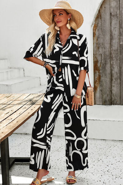 Printed Button Up Shirt and Pants Set | AdoreStarr