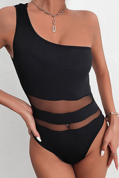 Open Back One-Shoulder Spliced Mesh Bodysuit | AdoreStarr