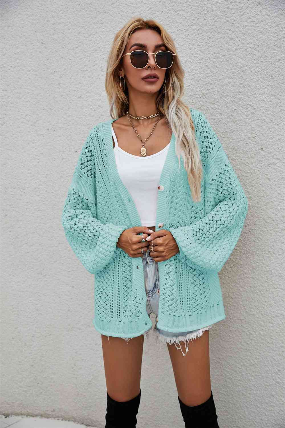 Openwork V-Neck Dropped Shoulder Cardigan | AdoreStarr