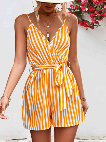 Striped Tie Waist Spaghetti Strap Romper | AdoreStarr